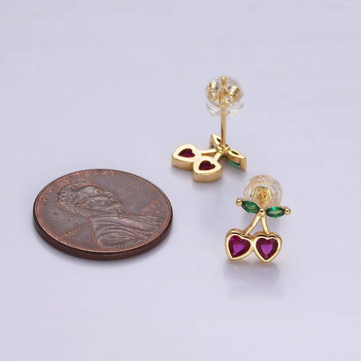 14K Gold Filled Fuchsia CZ Heart Cherry Fruit Stud Earrings