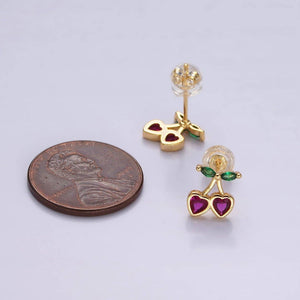 14K Gold Filled Fuchsia CZ Heart Cherry Fruit Stud Earrings
