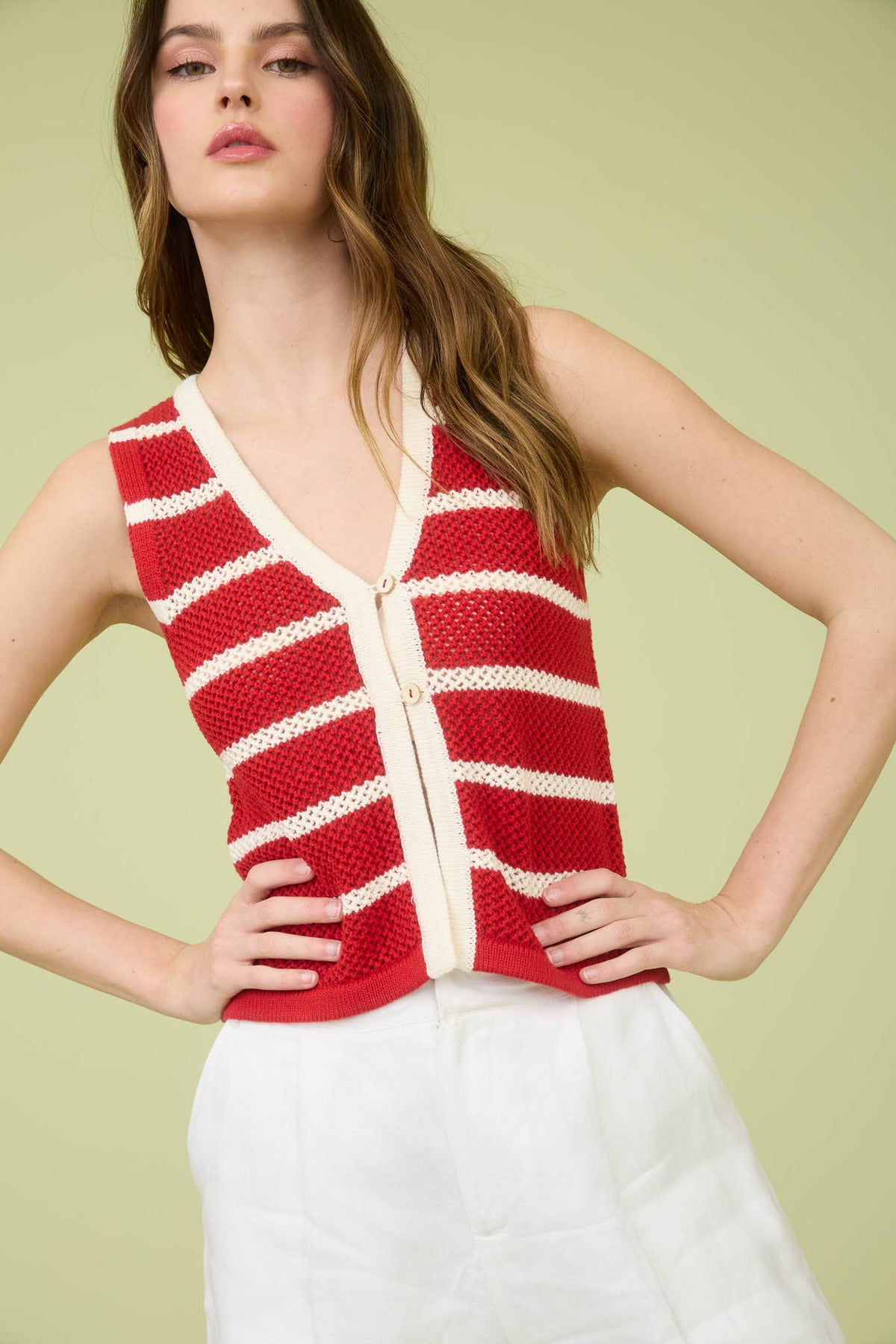 STRIPE V NECK BUTTON FRONT SPLIT HEM KNIT VEST