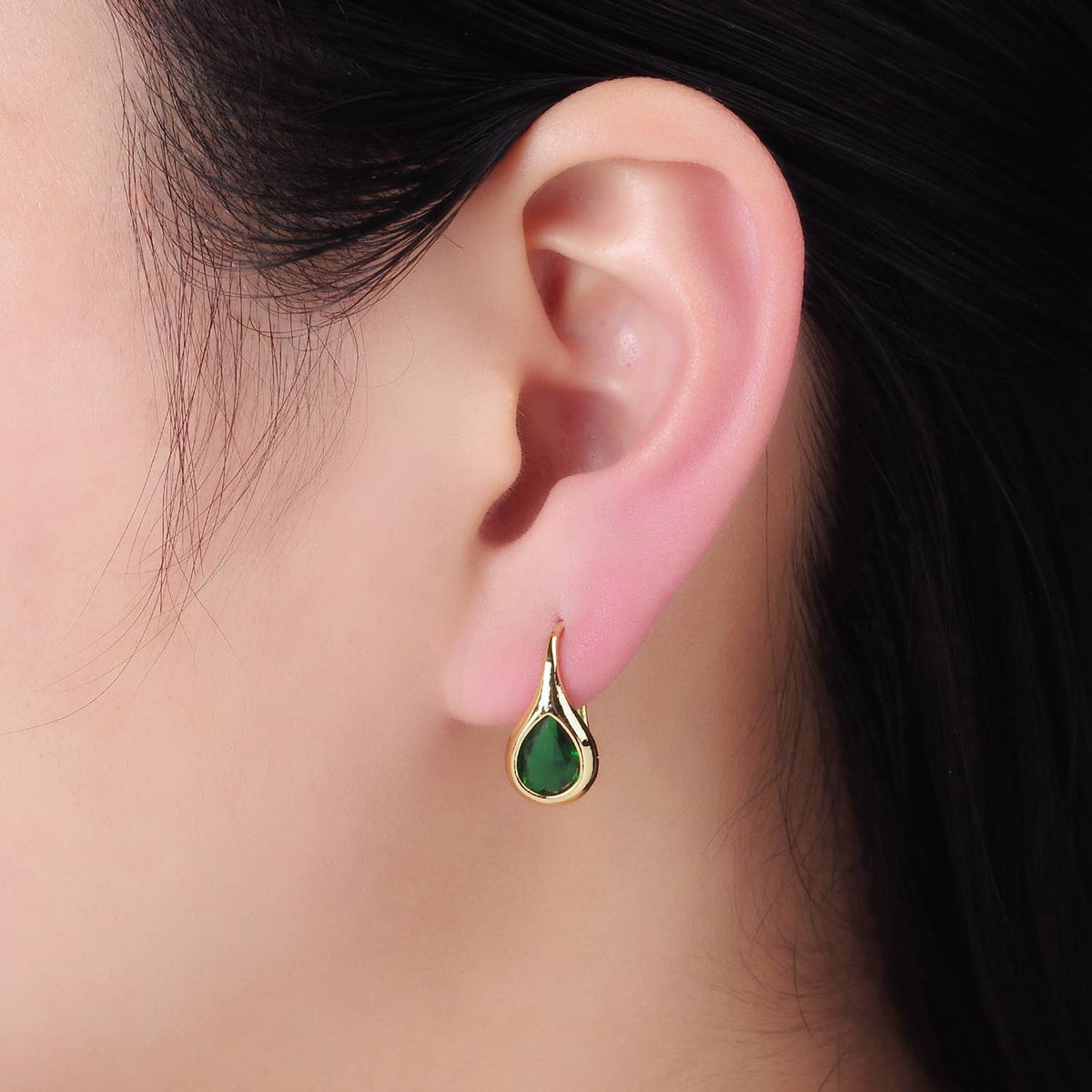 14K Gold Filled Clear, Green CZ Teardrop French Hook Earring
