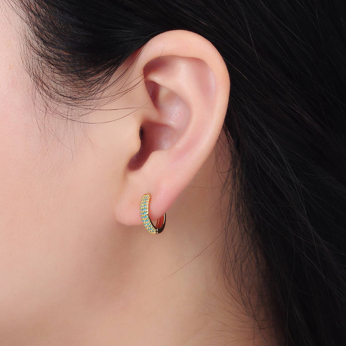 24K Gold Filled Turquoise Micro Paved Huggies | AD731