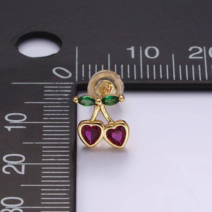 14K Gold Filled Fuchsia CZ Heart Cherry Fruit Stud Earrings
