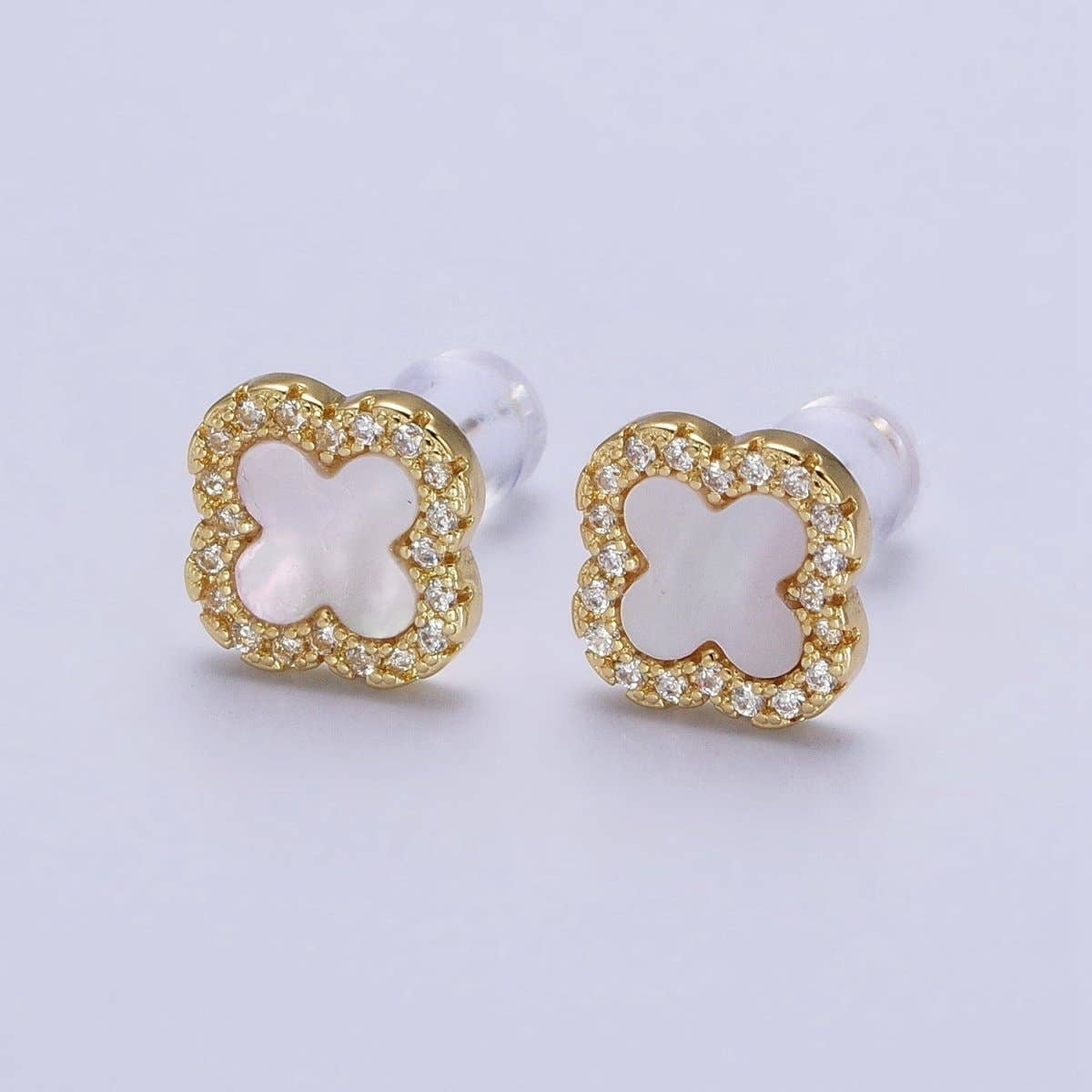 Dainty Shell Pearl Clover Stud Earring in 24K Gold Filled AB-1017