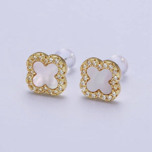 Dainty Shell Pearl Clover Stud Earring in 24K Gold Filled AB-1017