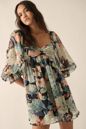 Floral Mesh Sweetheart Neck Chiffon Babydoll Dress