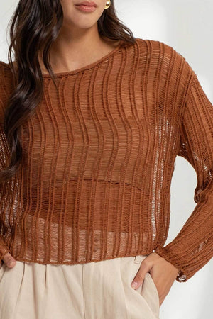 SHEER CROCHET LADDER KNIT PULLOVER SWEATER