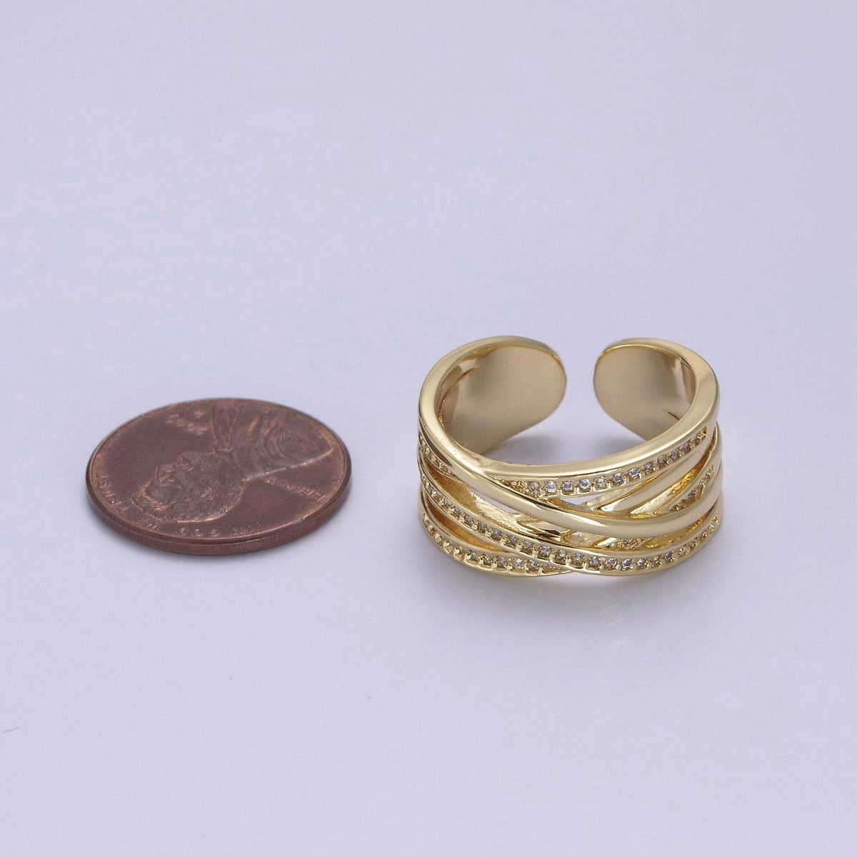 24K Gold Filled Three Layers Micro Pave Cubic Zirconia CZ Adjustable Ring in Gold & Silver, Thick Statement Ring S-350