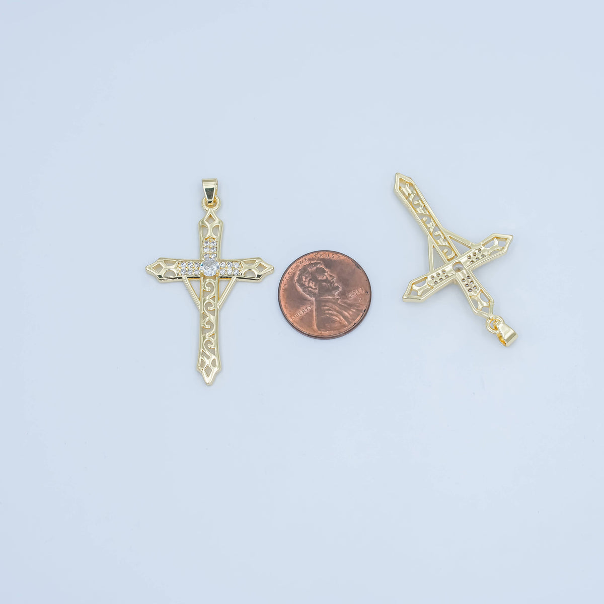 24K Gold Filled Clear CZ Micro Paved Geometric Filigree Cross Pendant | AA1505