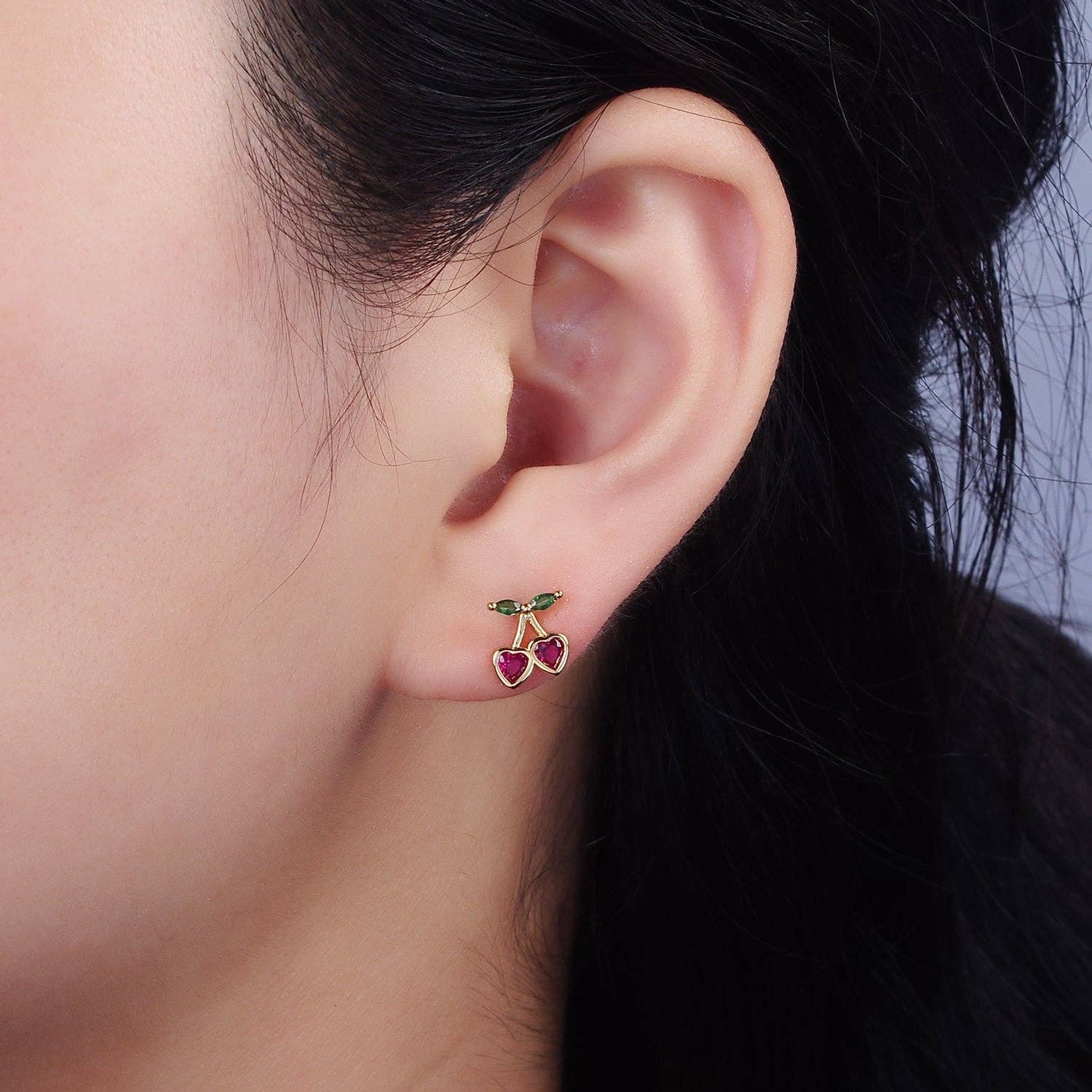 14K Gold Filled Fuchsia CZ Heart Cherry Fruit Stud Earrings