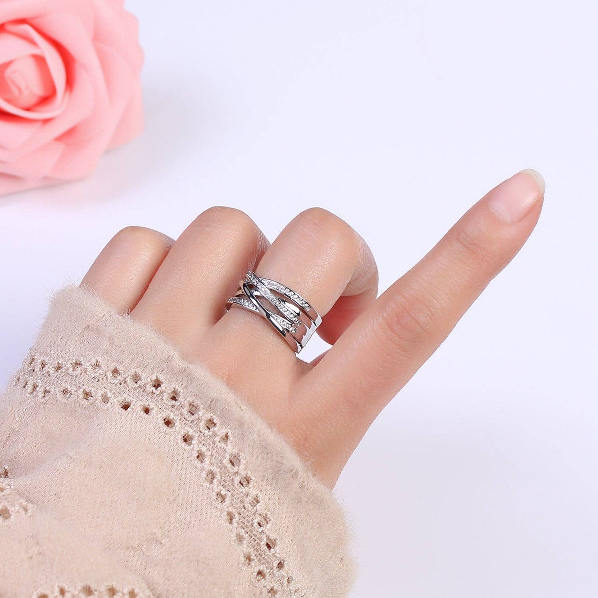 24K Gold Filled Three Layers Micro Pave Cubic Zirconia CZ Adjustable Ring in Gold & Silver, Thick Statement Ring S-350