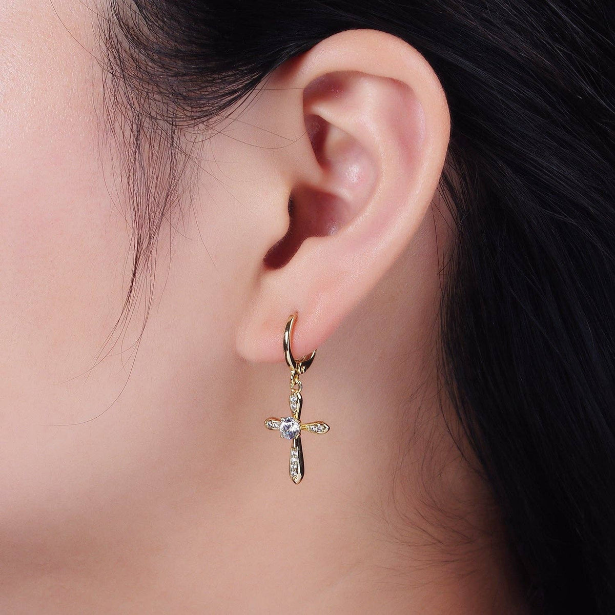 14K Gold Filled Micro Paved CZ Cross Drop Huggie Earrings