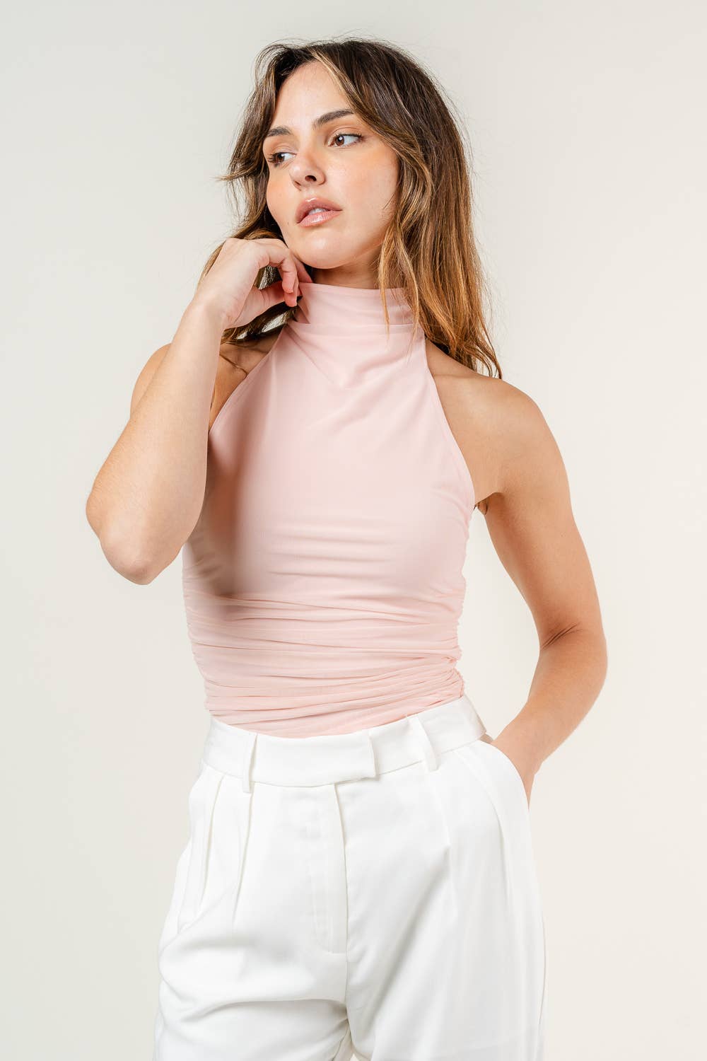Mock Neck Sleeveless Slinky Top