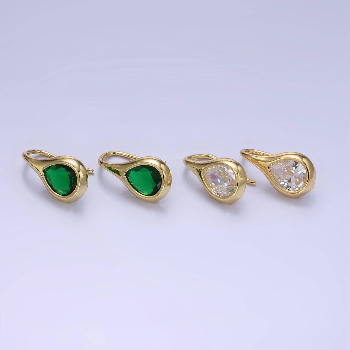 14K Gold Filled Clear, Green CZ Teardrop French Hook Earring
