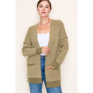 Color Waffle Textured Raw Edge Seam Open Front Cardigan