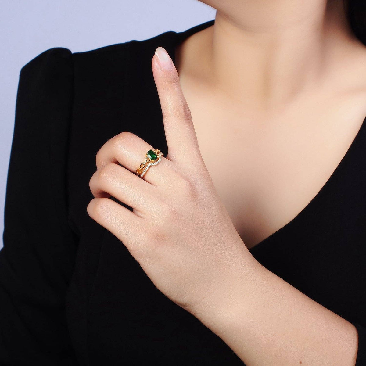 Gold Filled Green CZ Oval Cable Link CZ Double Band Ring