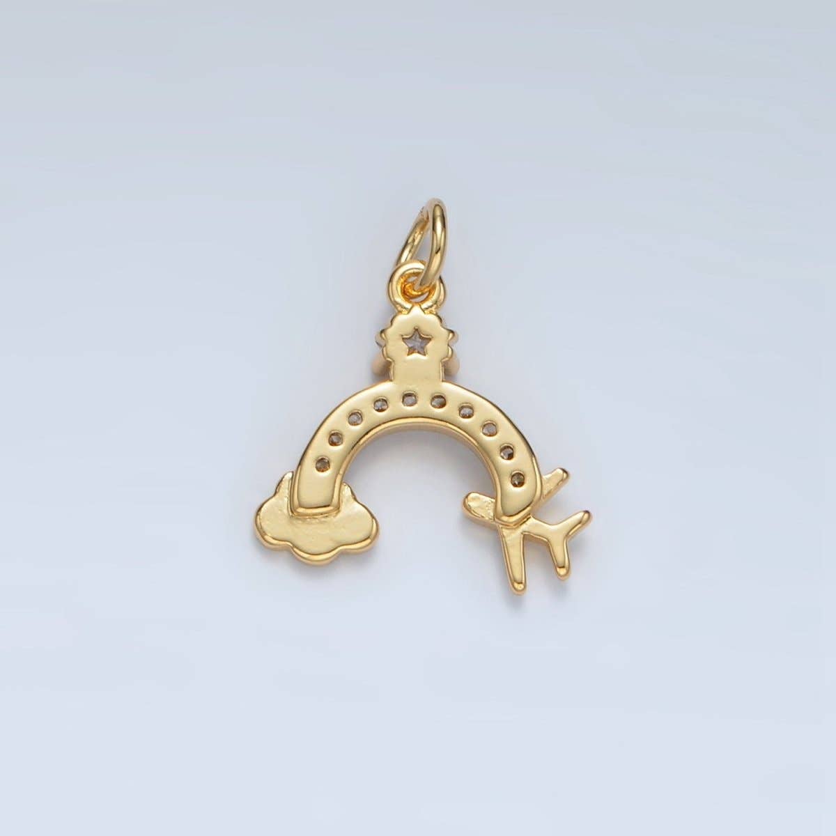 24K Gold Filled Mini Airplane Rainbow Cloud Star CZ Micro Paved Charm | AG854