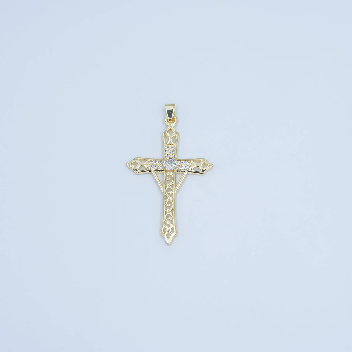 24K Gold Filled Clear CZ Micro Paved Geometric Filigree Cross Pendant | AA1505