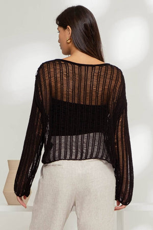 SHEER CROCHET LADDER KNIT PULLOVER SWEATER: BLACK