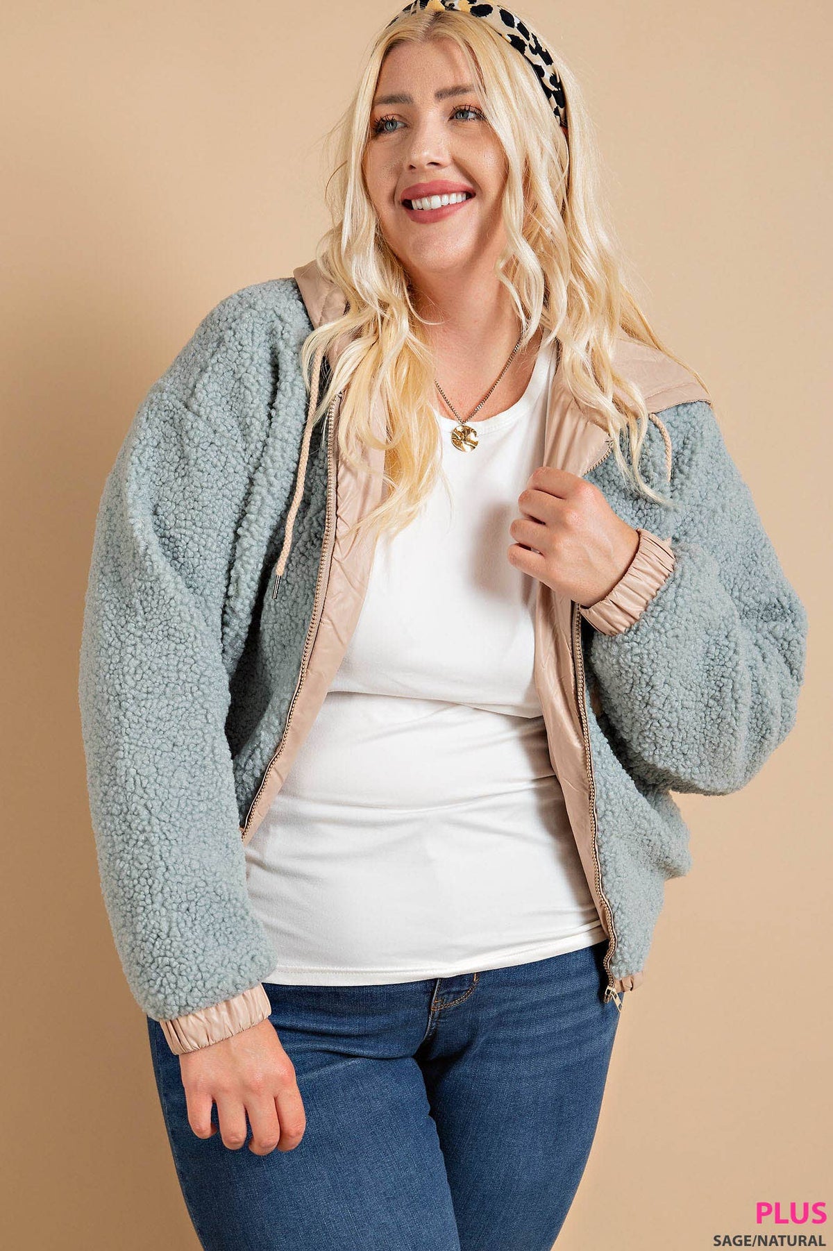 FAUX SHEARLING NYLON HOODED ZIP JACKET