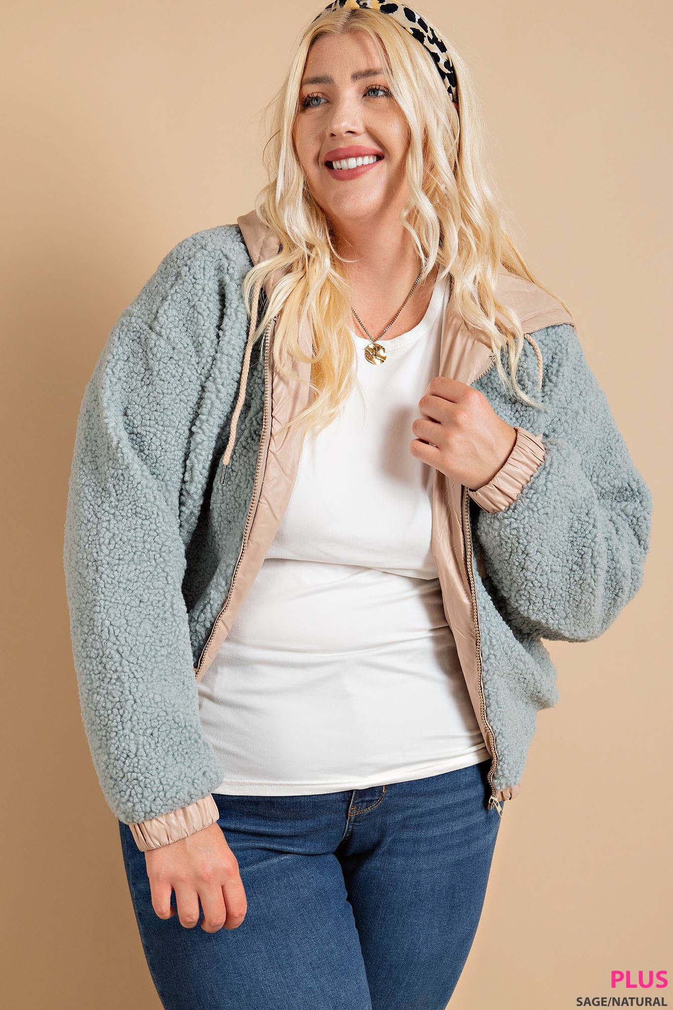 FAUX SHEARLING NYLON HOODED ZIP JACKET