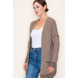 Color Waffle Textured Raw Edge Seam Open Front Cardigan