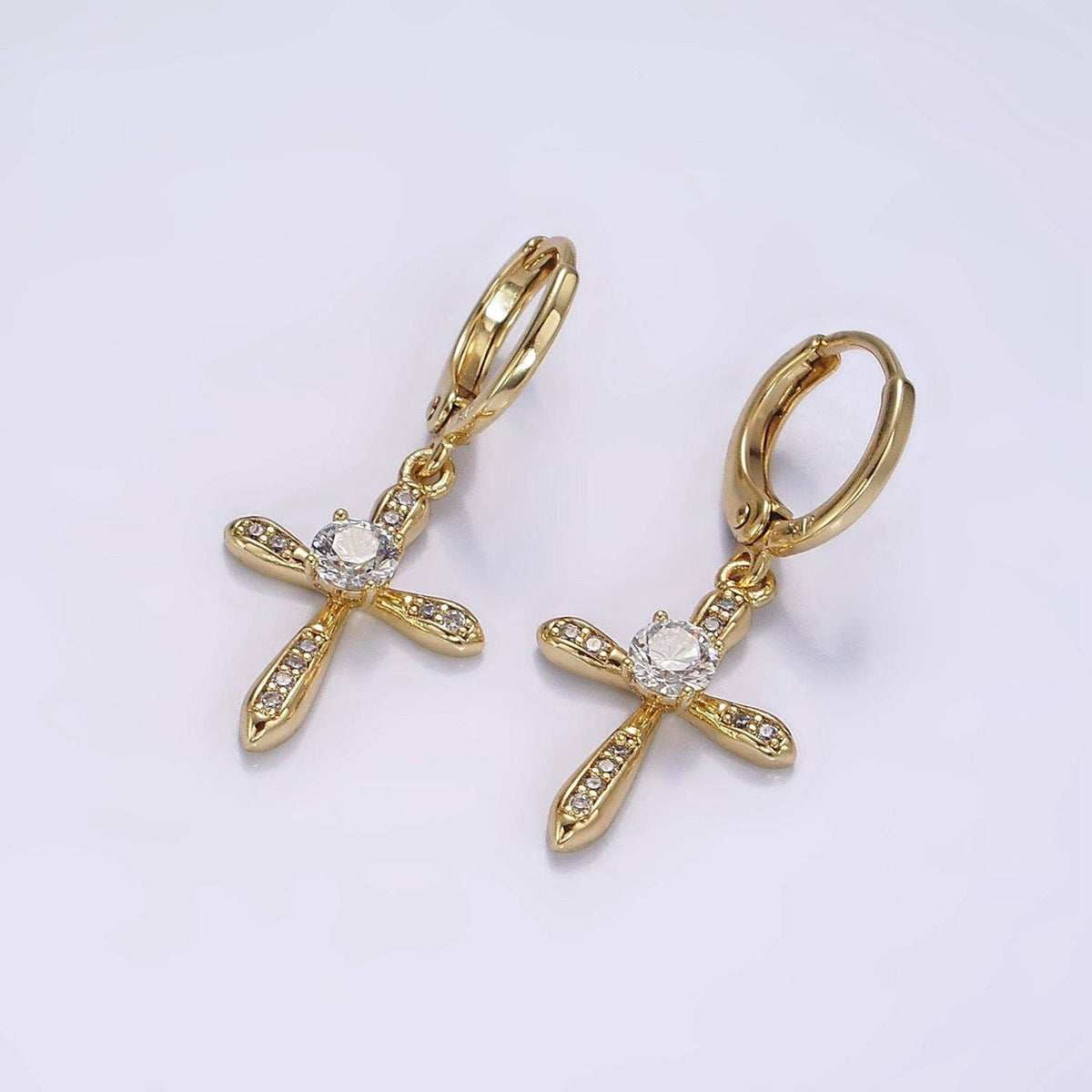 14K Gold Filled Micro Paved CZ Cross Drop Huggie Earrings