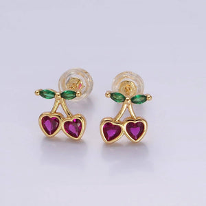 14K Gold Filled Fuchsia CZ Heart Cherry Fruit Stud Earrings