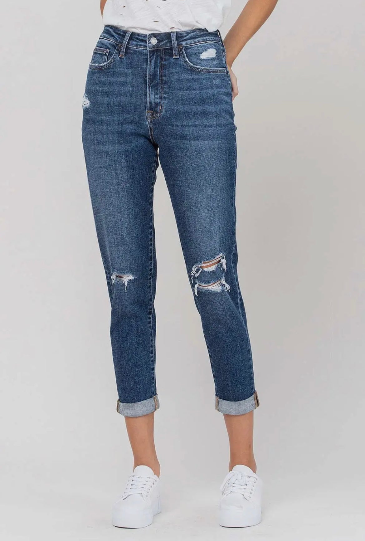 Vervet Super High Rise Distressed Rolled Cuff Mom Jean - Pasque Boutique
