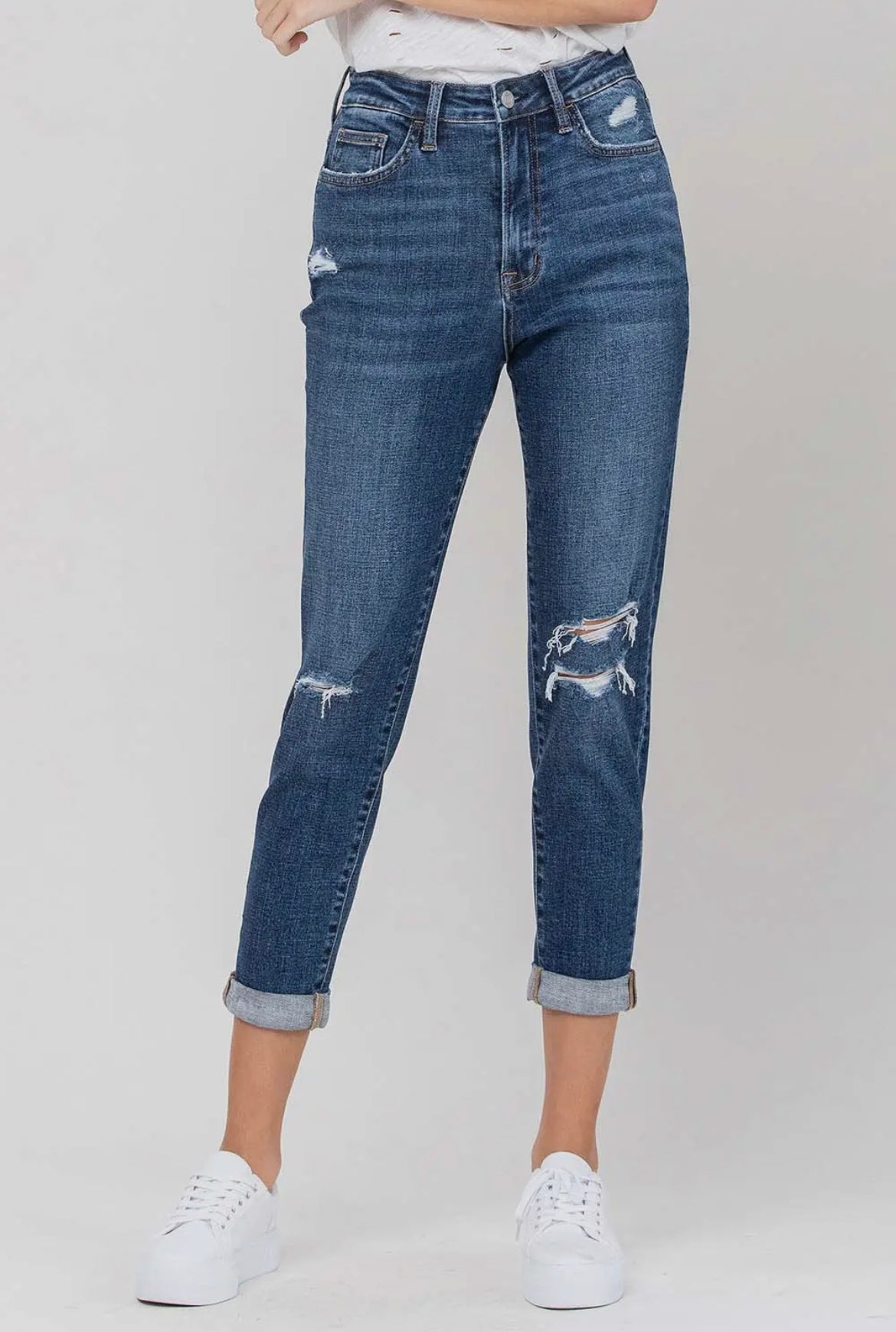 Vervet Super High Rise Distressed Rolled Cuff Mom Jean - Pasque Boutique